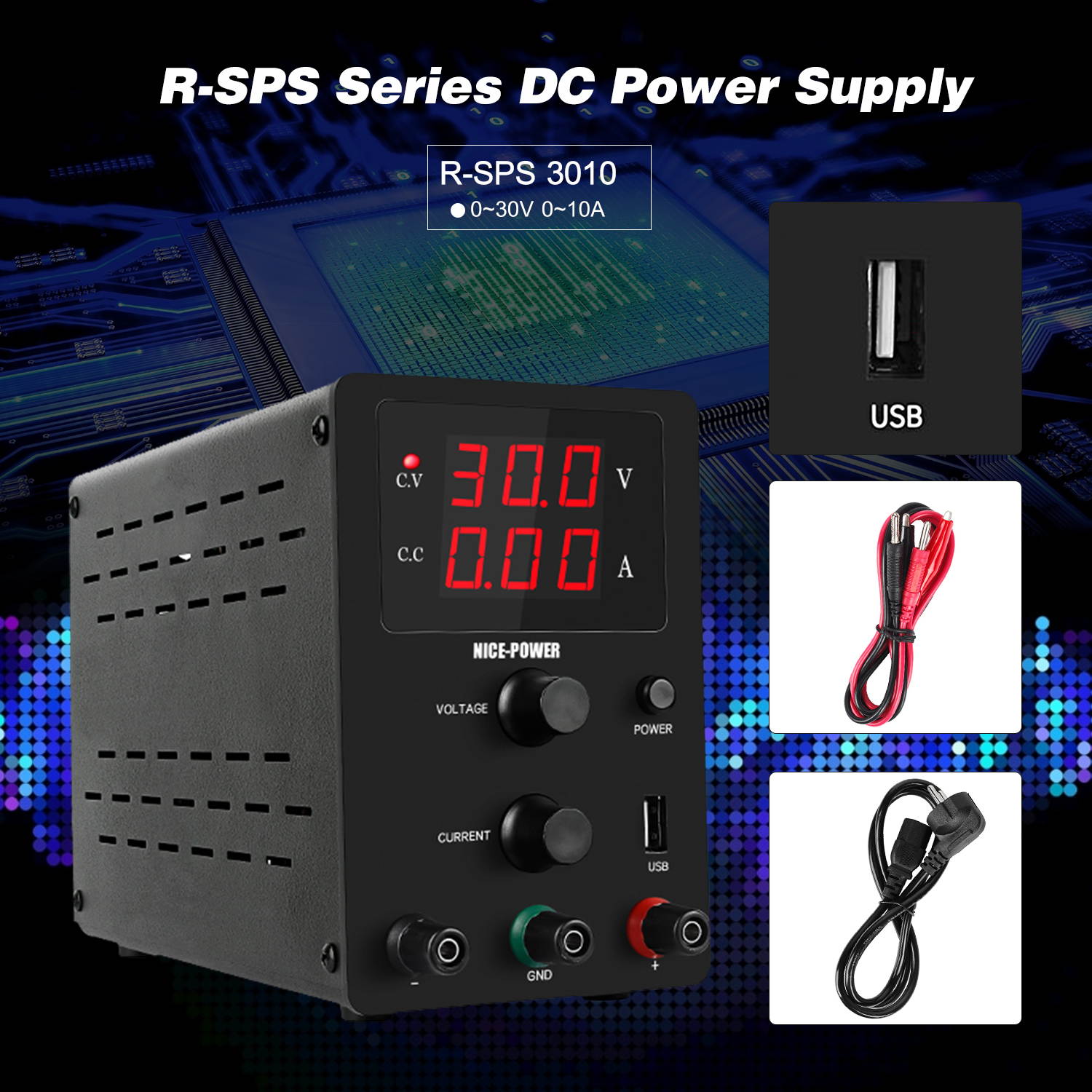 220V 0-30V 0-10A DC Power Supply Voltage-stabilized Source Regulated Power Supply Stabilized Voltage Supply CV & CC Dual Output Modes 3-digit High Precision LED Display