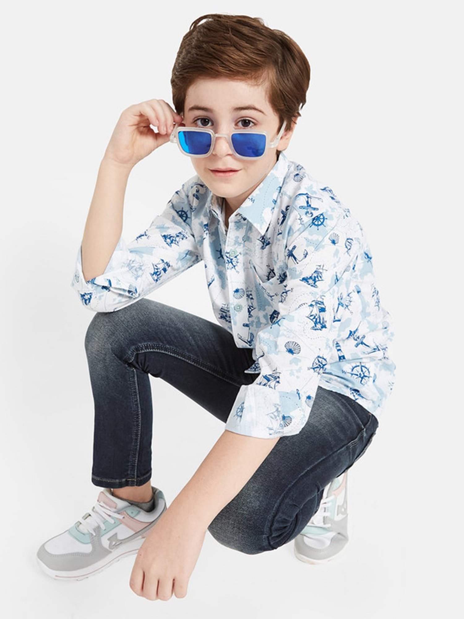 Octave Boys Blue Printed Full Sleeves Shirt
