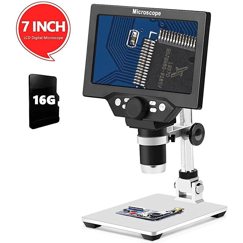 LCD 7 Inch Digital Microscope 11200X Maginfication with 16G TF Card 12MP Camera Video Recorder with HD Screen Suitable for TeachingCircuit Boardsobserving AntiquesJewelry Identification