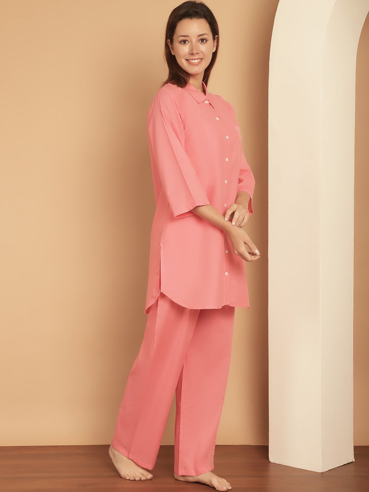 Kanvin Peach Cotton Embroidered Shirt Pyjamas Set