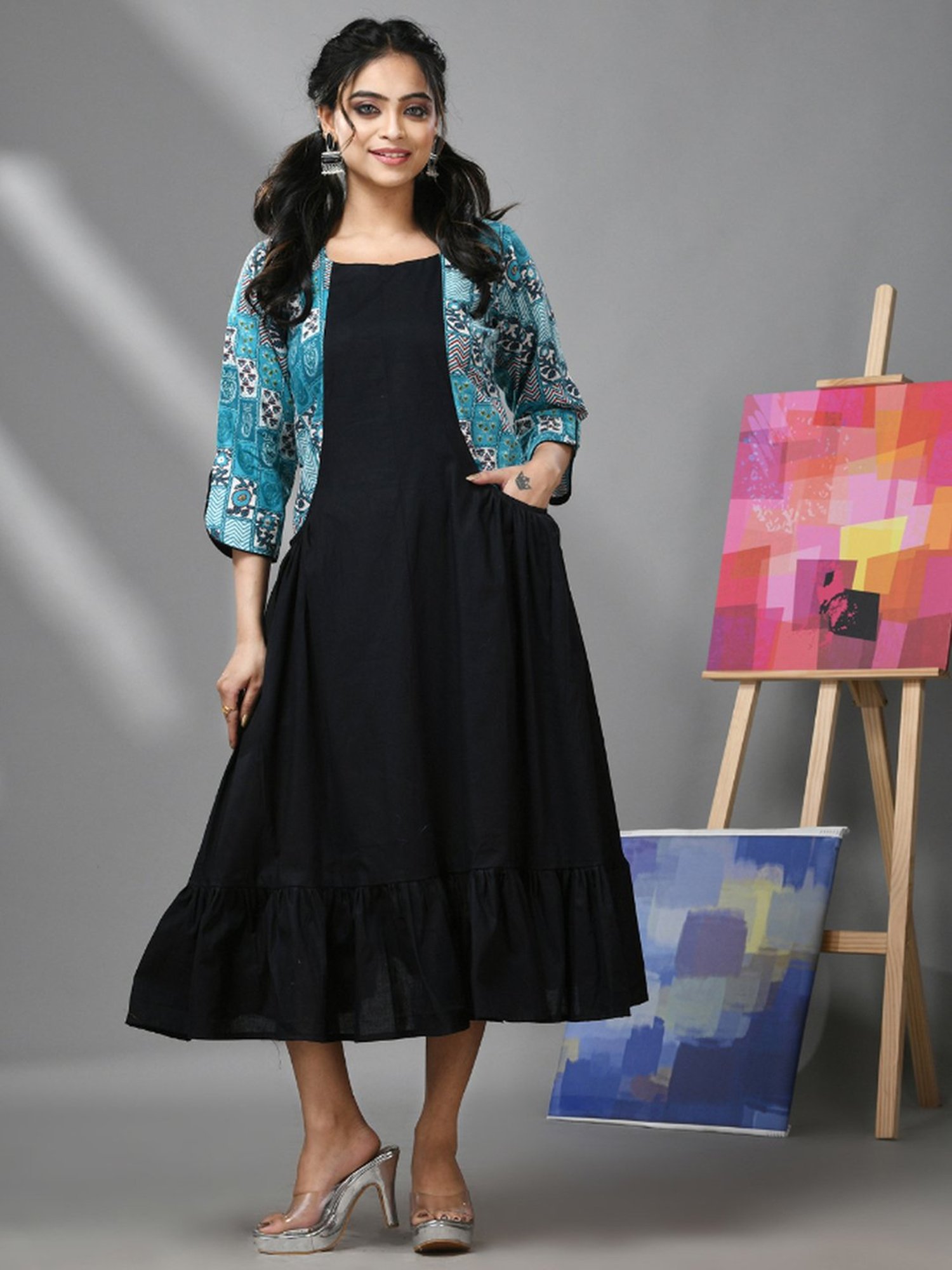 CHARUKRITI Black Cotton Printed A-Line Dress With Jacket