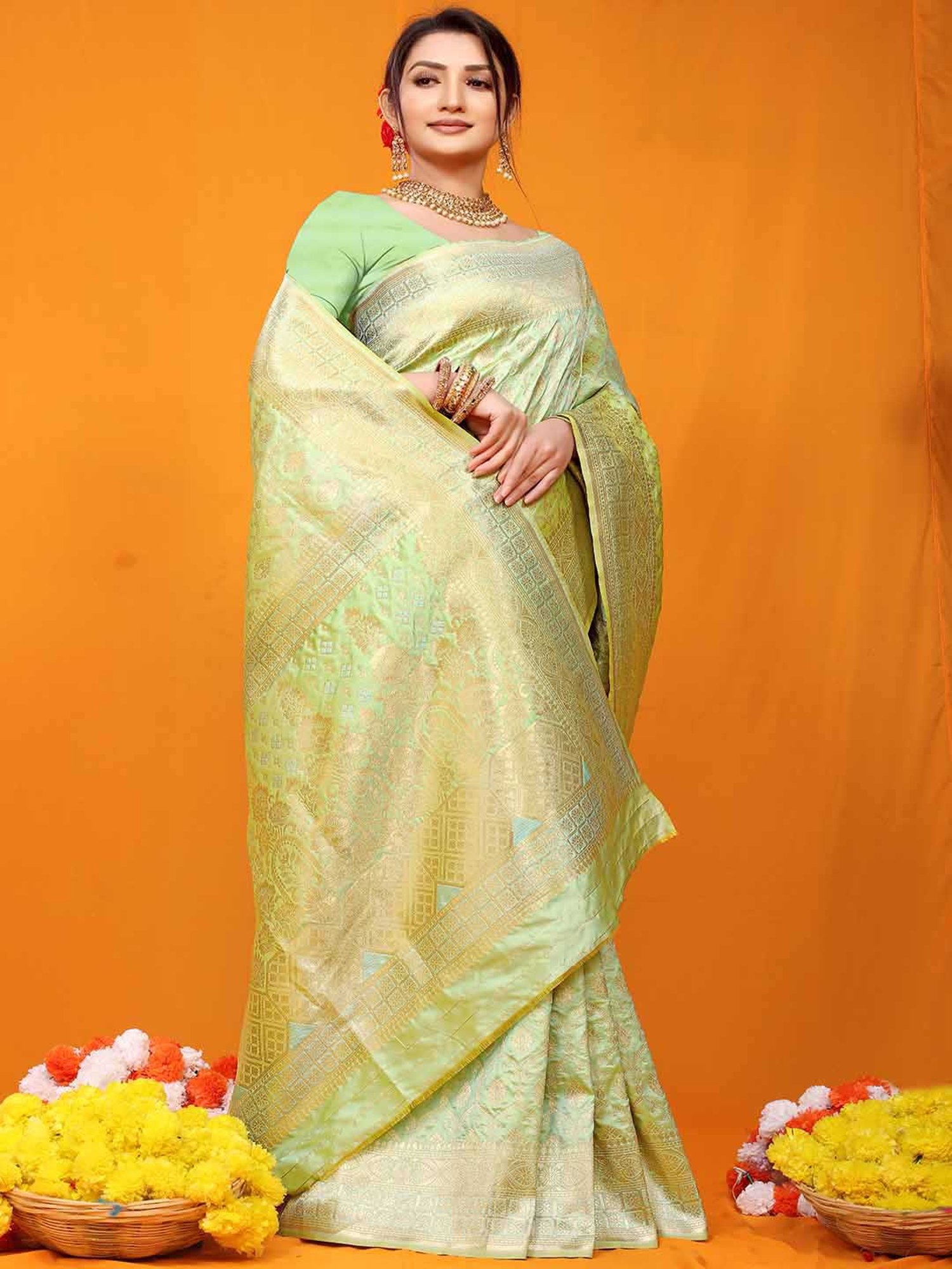 SHUBHKALA Pista Green Silk Woven Saree With Unstitched Blouse