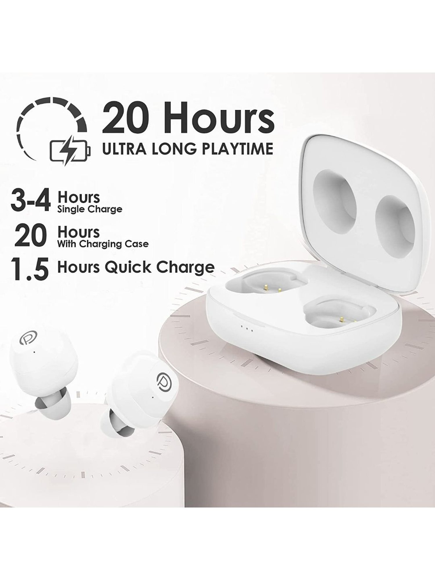 Probus T20 True Wireless (TWS) Bluetooth in-Ear Earbuds with Passive Noise Cancellation (White)