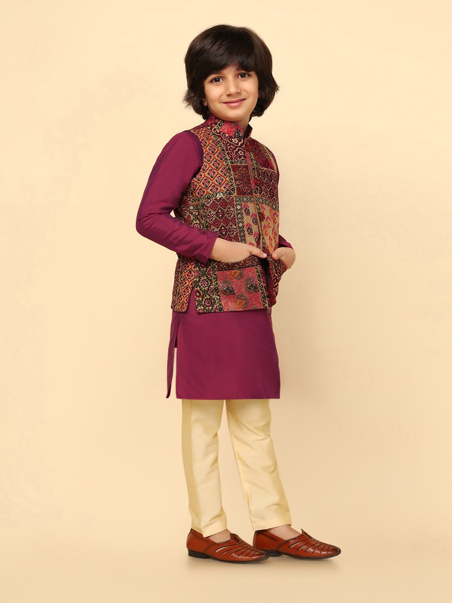 KISAH Boys Multicolor Printed Full Sleeves Kurta, Pyjamas with Nehru Jacket