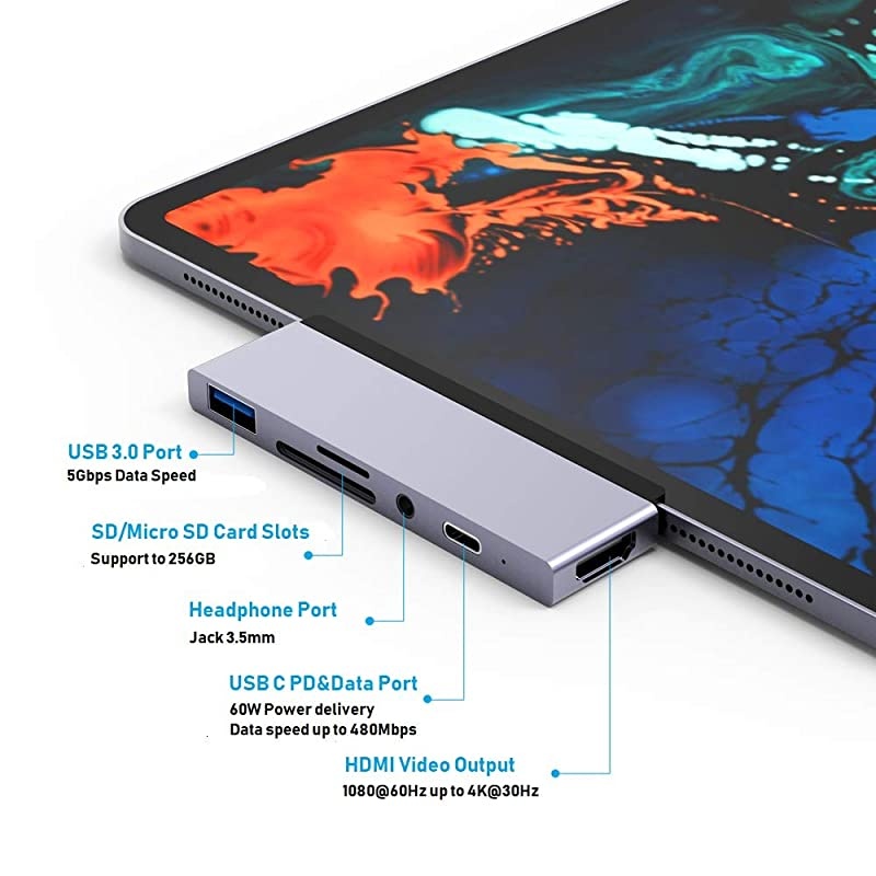 USB C Docking Station Compatible 2018 iPad Pro and Other Type C Phones or Laptops with USB C Port (Charge&Data), 4K HDMI, USB 3.0, SD/Micro SD Slot and 3.5mm Headphone Jack