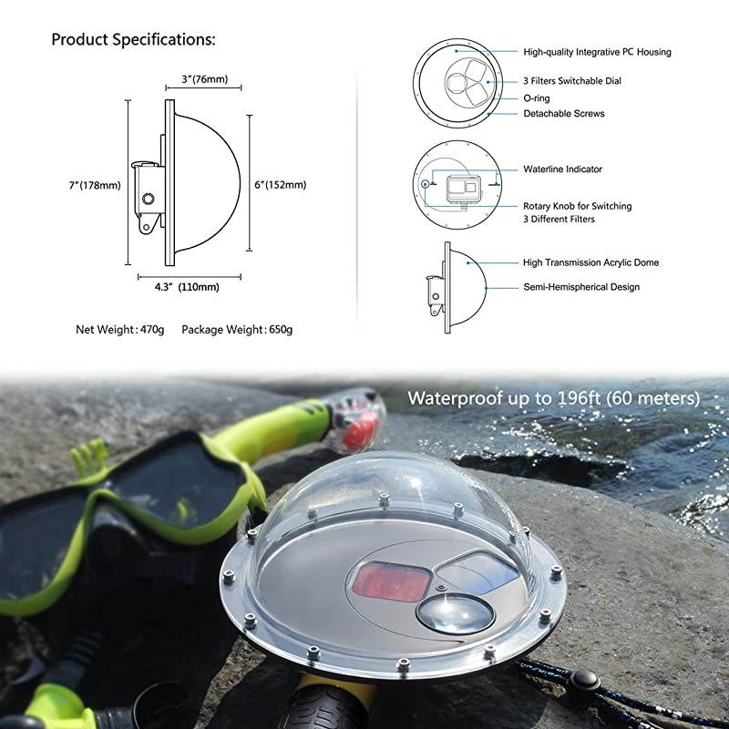 6'' Dome Port Lens with 3 Switchable Filters for GoPro Hero 5 6 Hero 2018 Hero 7 Black with Waterproof Dive Housing Case Floating Hand Grip and Trigger - 60M (196ft) Underwater Photography