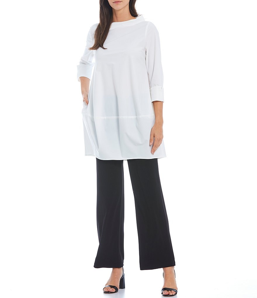 IC Collection Stretch Woven Funnel Neck Stand Collar 3/4 Sleeve Long Tunic