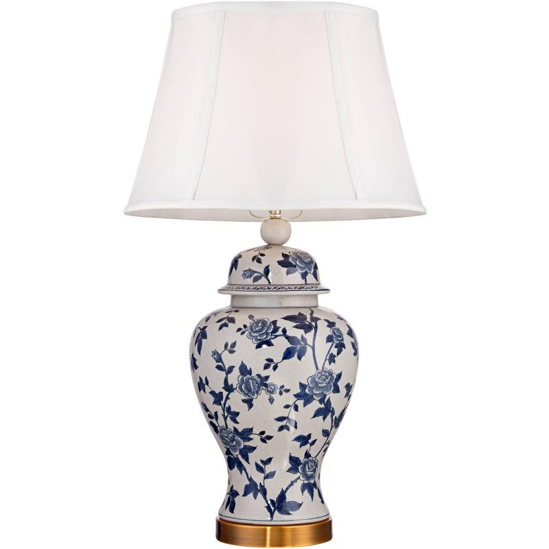 Barnes and Ivy Traditional Table Lamp Crackle Ceramic Blue and White Rose Vine Temple Jar White Bell Shade for Living Room Family