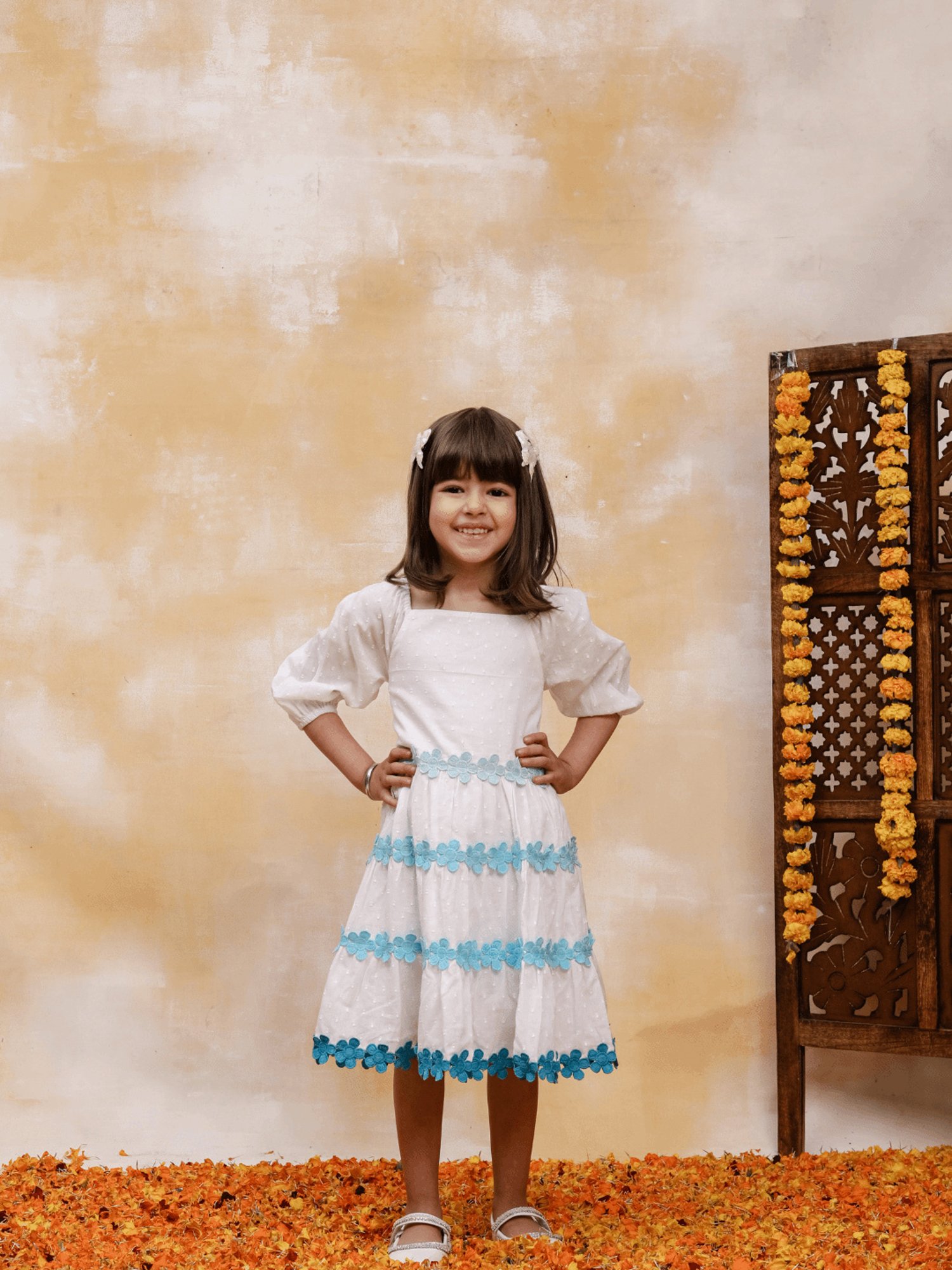 Budding Bees Kids White Embroidered Dress