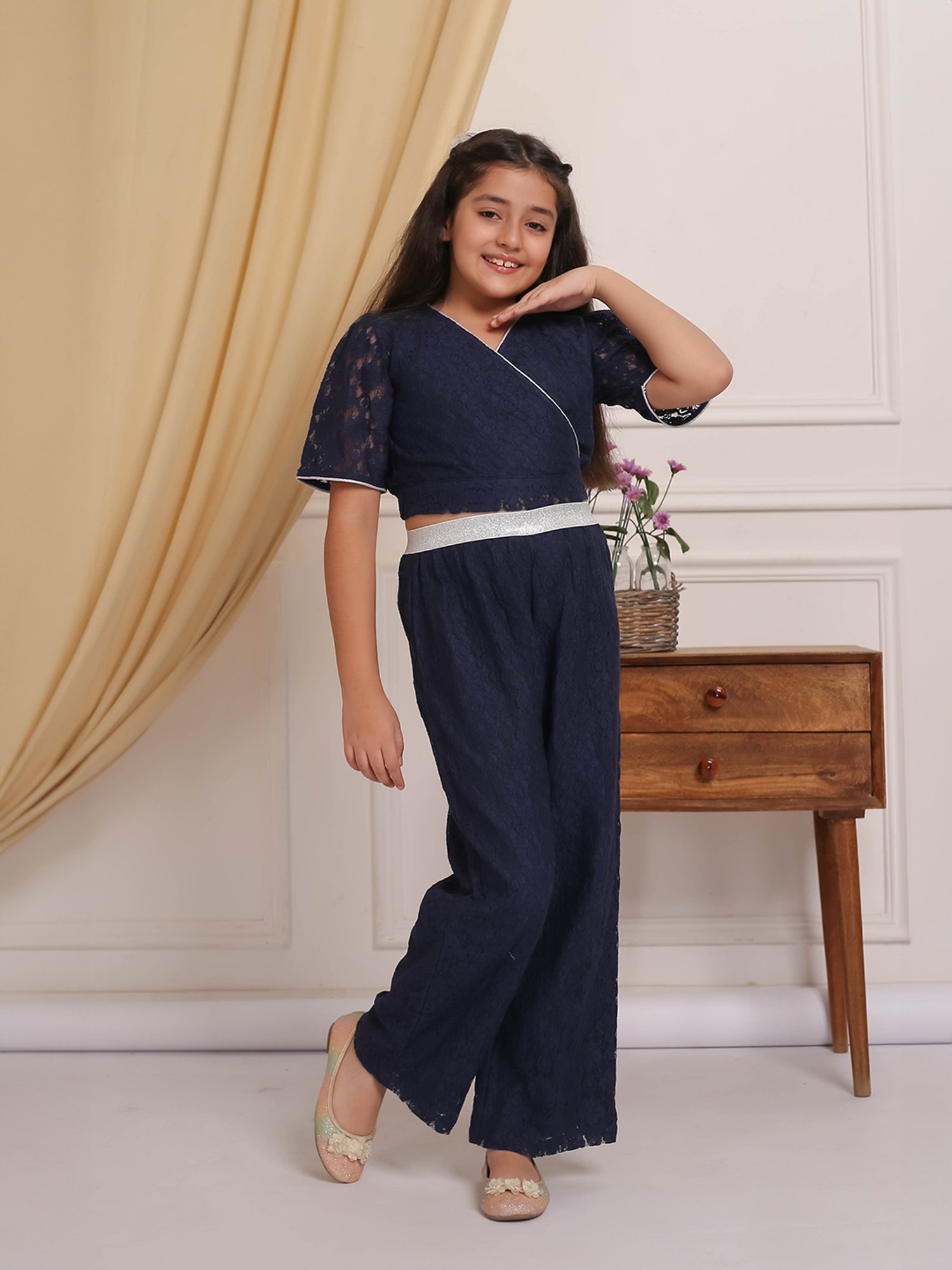 Budding Bees Girls Navy Self Design Top with Pants