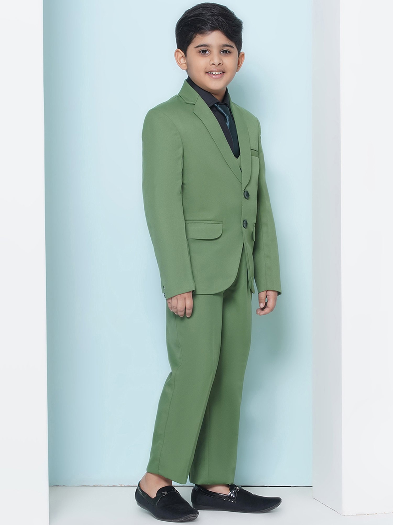 AJ Dezines Kids Sky Blue & Black Solid Full Sleeves Shirt, Pants, Coat, Waistcoat with Tie