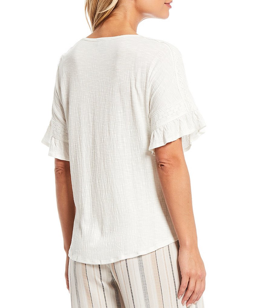 Calessa Petite Size Matte Jersey Knit Button Front Roll Tab Blouse