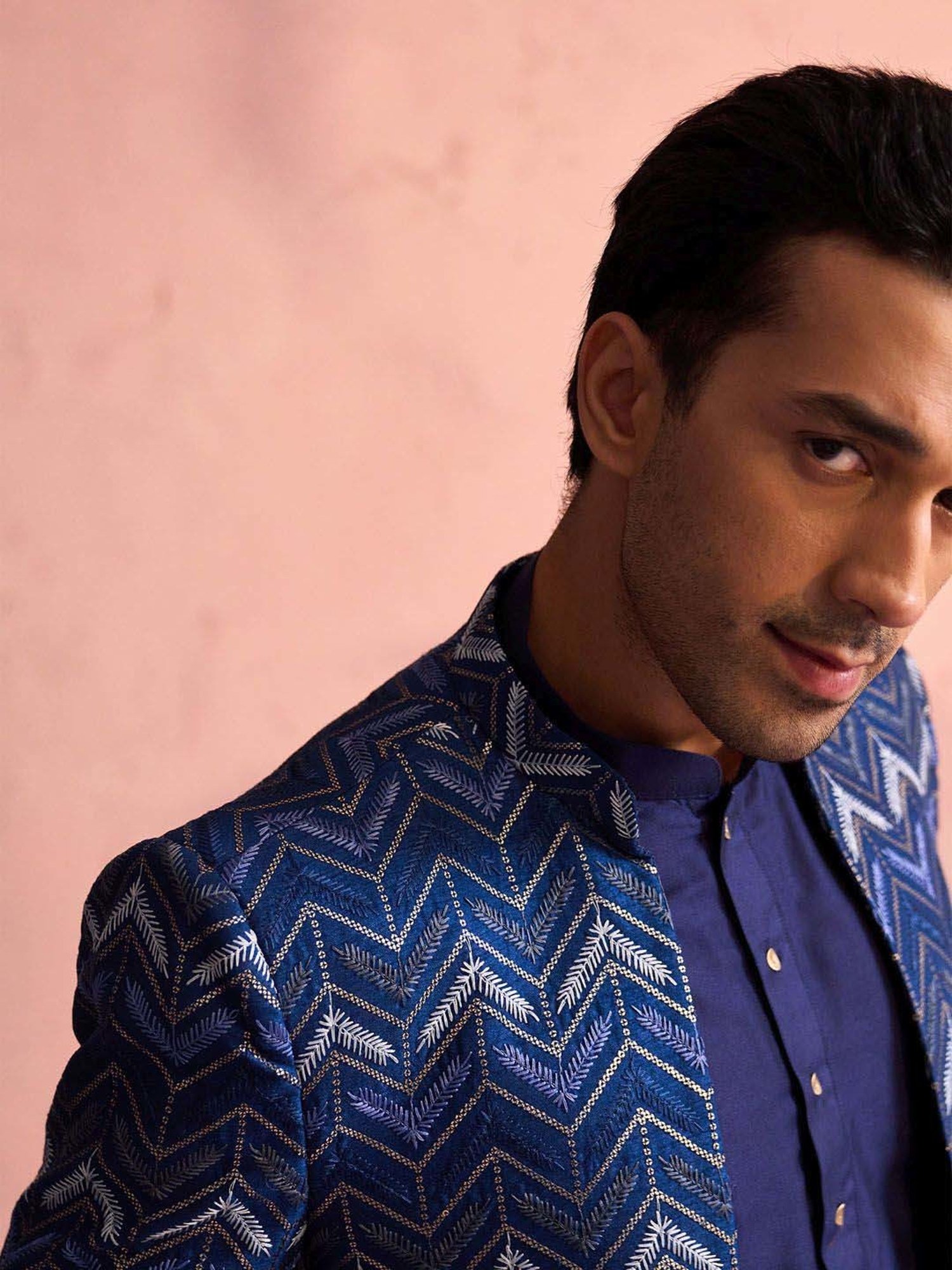 Vastramay Blue Regular Fit Embroidered Ethnic Blazer