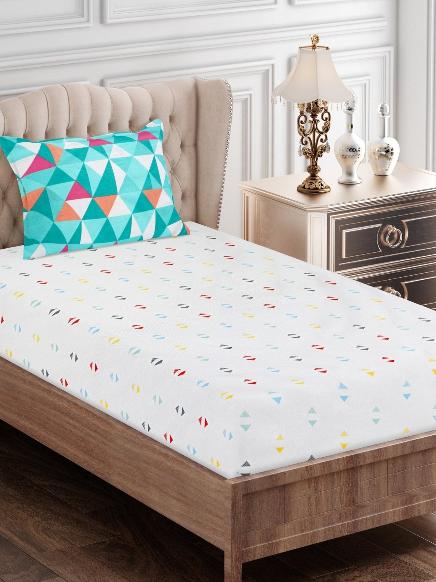 SEJ by Nisha Gupta Geometric Grey 160 TC Cotton Single Bed Sheet with 1 Pillow Cover