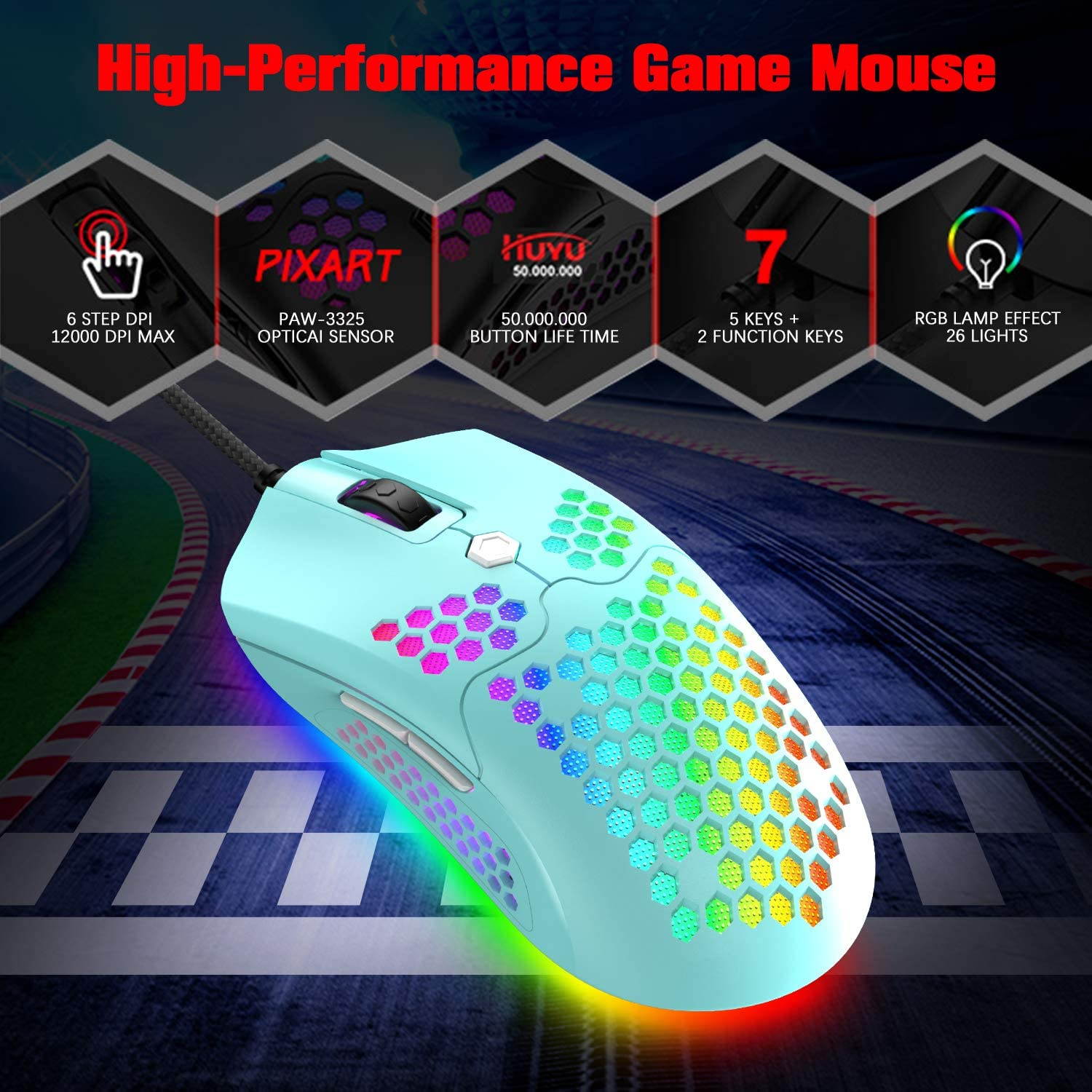 Wired Lightweight Gaming Mouse,26 RGB Backlit Mice with 7 Buttons Programmable Driver,PAW3325 12000DPI Mice,Ultralight Honeycomb Shell Ultraweave Cable Mouse for PC Gamers and Xbox and PS4 Users