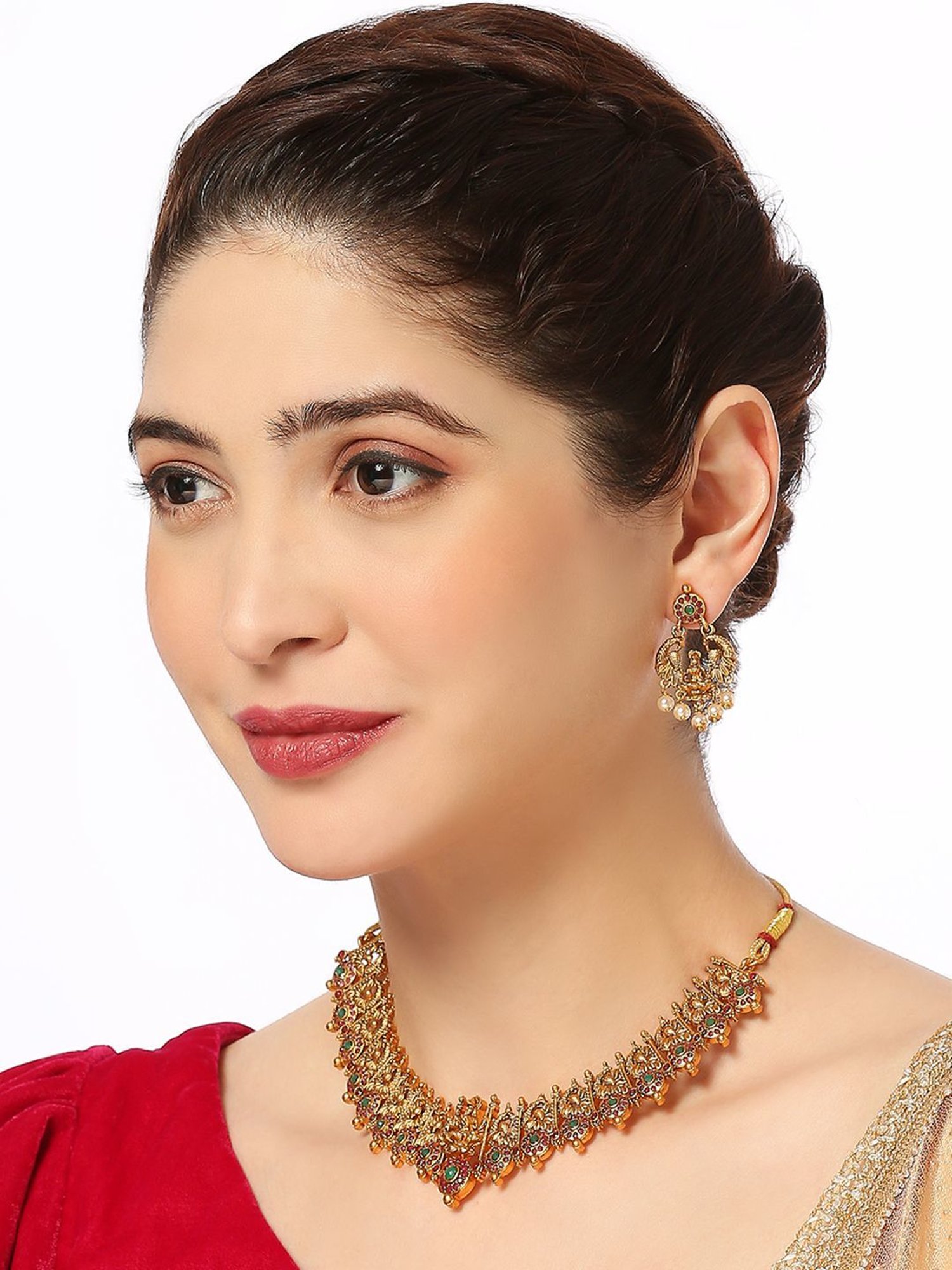 OOMPH Antique Gold Tone Red & Green Stone & Beads Choker Necklace Set for Women