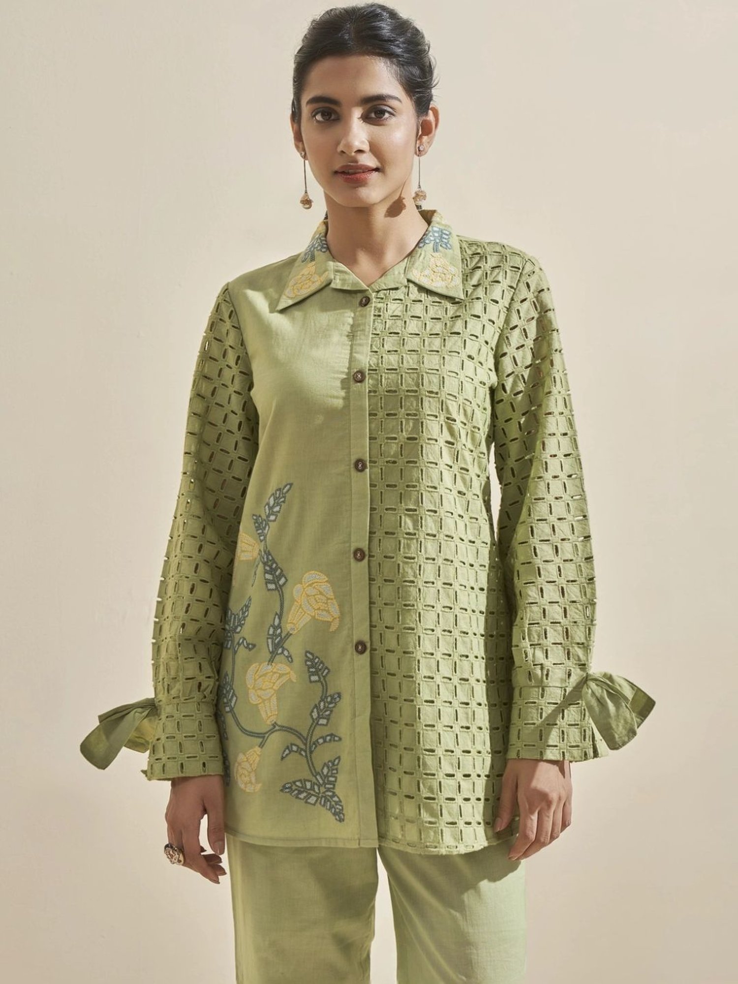 Autumnlane Green Cleo Fern Schiffli Cotton Shirt with Pant Co-ord Set