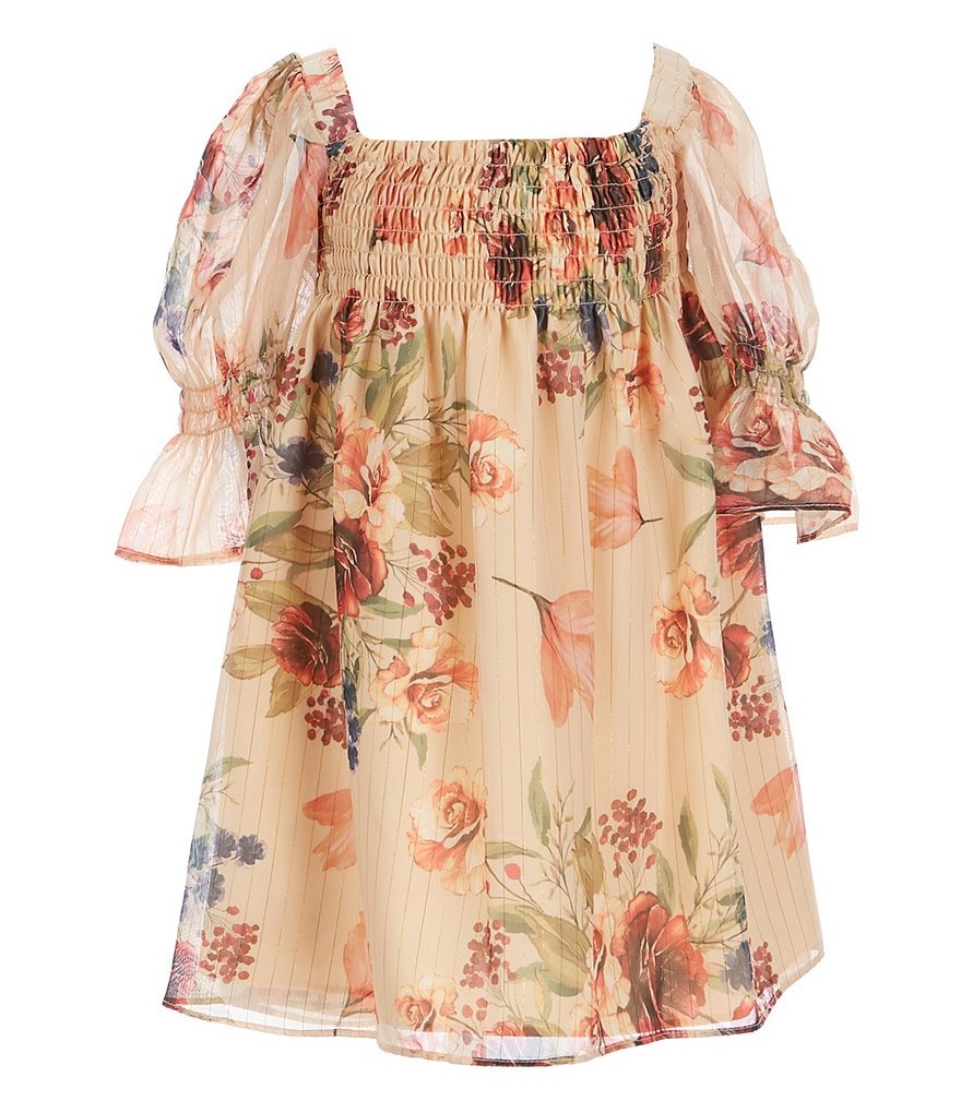 Pippa & Julie Little Girls 2T-6X Bell-Sleeve Floral Printed Smocked Boho Chiffon Dress