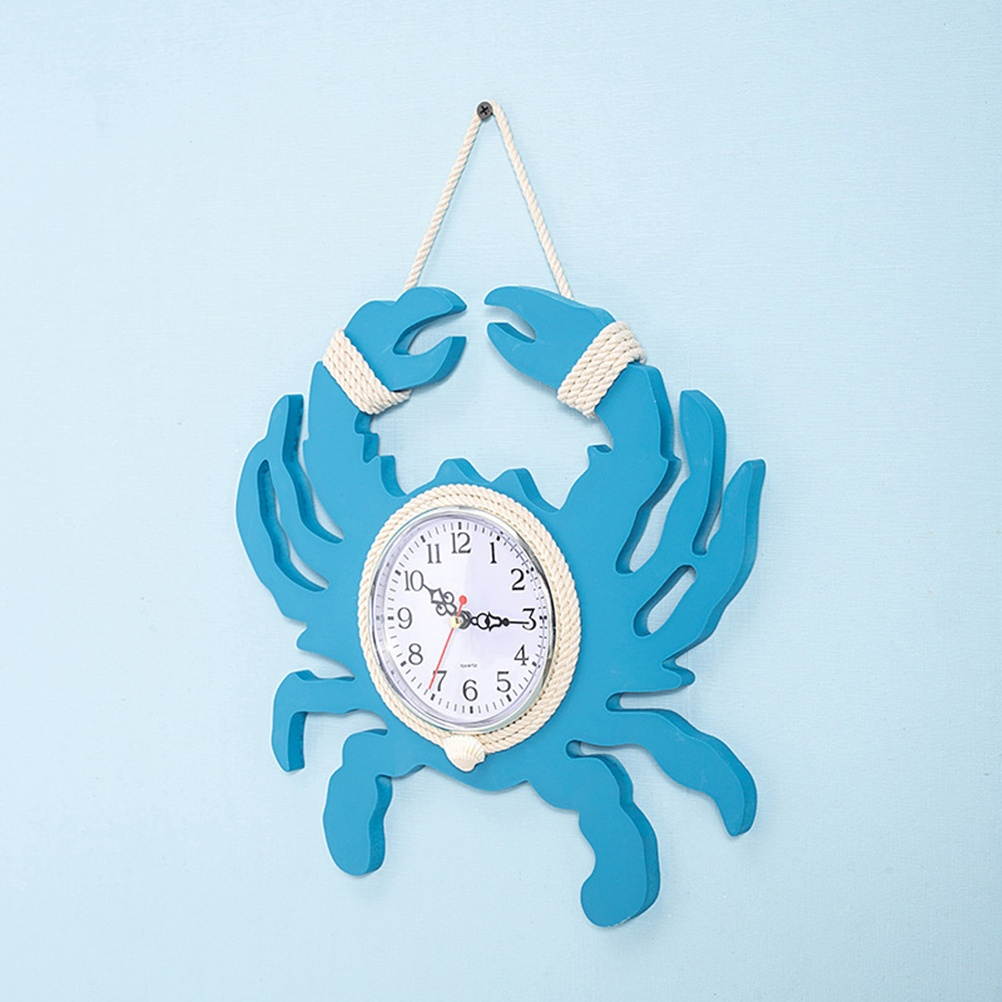 1pc Wooden Crab Wall Clock Silent Wall Clock Non-ticking  Mediterranean Style Wall Clock without Battery (Sky-blue)