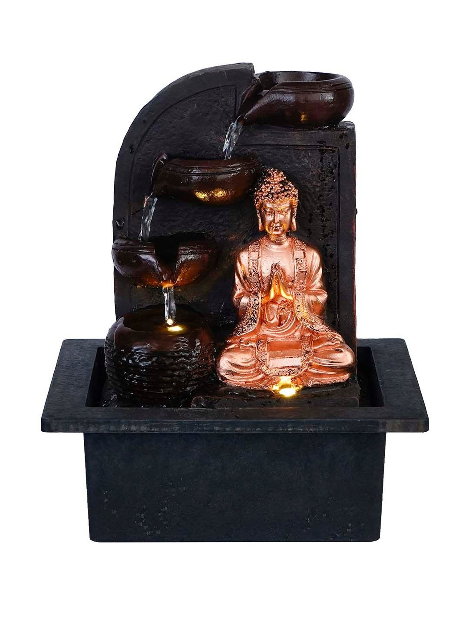 CHRONIKLE Brown & Golden Polyresin Namaskara Mudra Buddha 3 Steps Waterfall Fountain