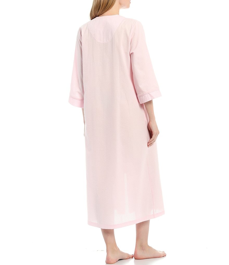 Miss Elaine Petite Striped Seersucker Long Zip-Front Robe