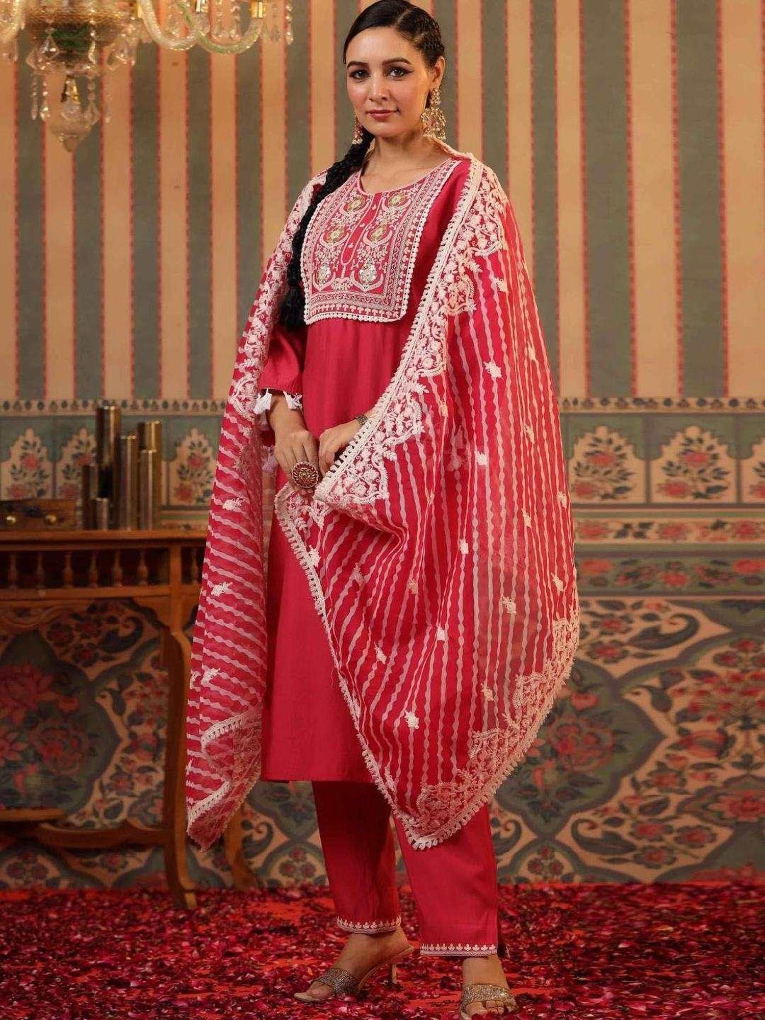 SCAKHI Pink Modal Embroidered Kurta and Pant With Organza Leheriya Dupatta