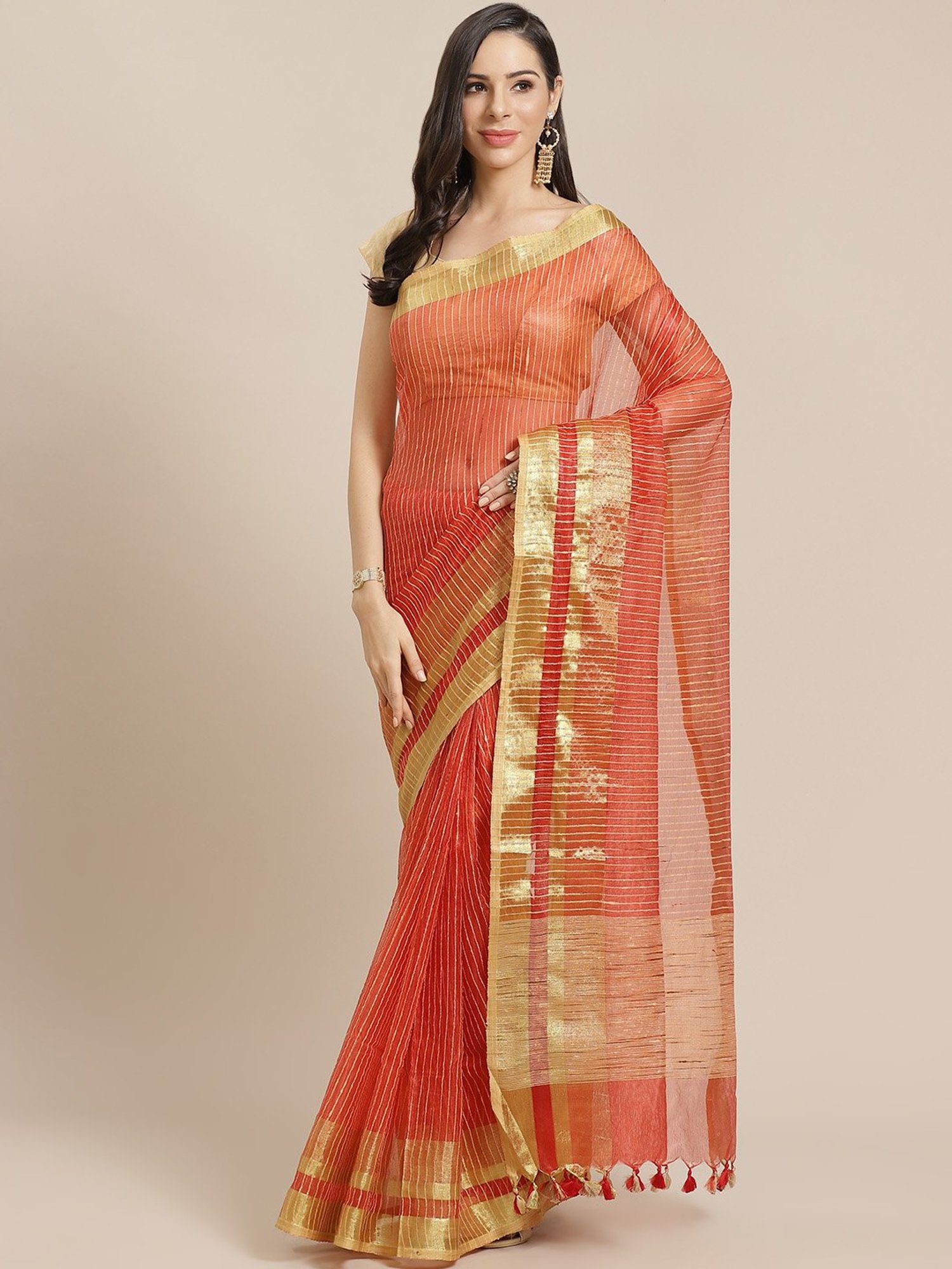Kalakari India Peach Embroidered Saree With Unstitched Blouse