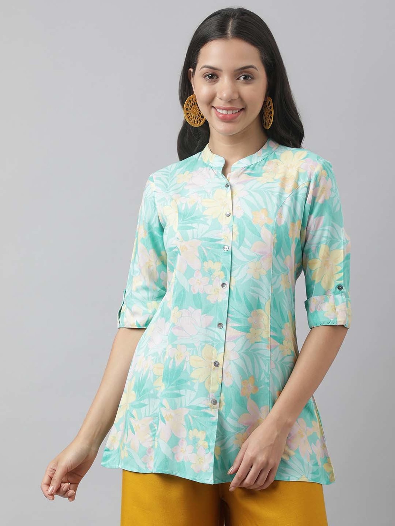 Divena Turquoise Cotton Floral Print Tunic
