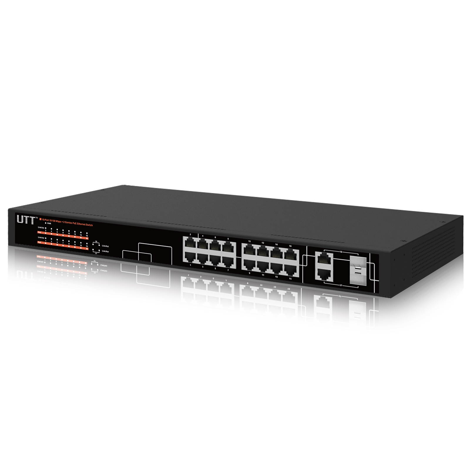 UTT S1162P 16-Port Unmanaged Fast Ethernet PoE Switch, 16 PoE Ports 260W, 802.3af/at, Additional 2-Combo Ports Gigabit for Uplinks, Ideal for IP Cameras