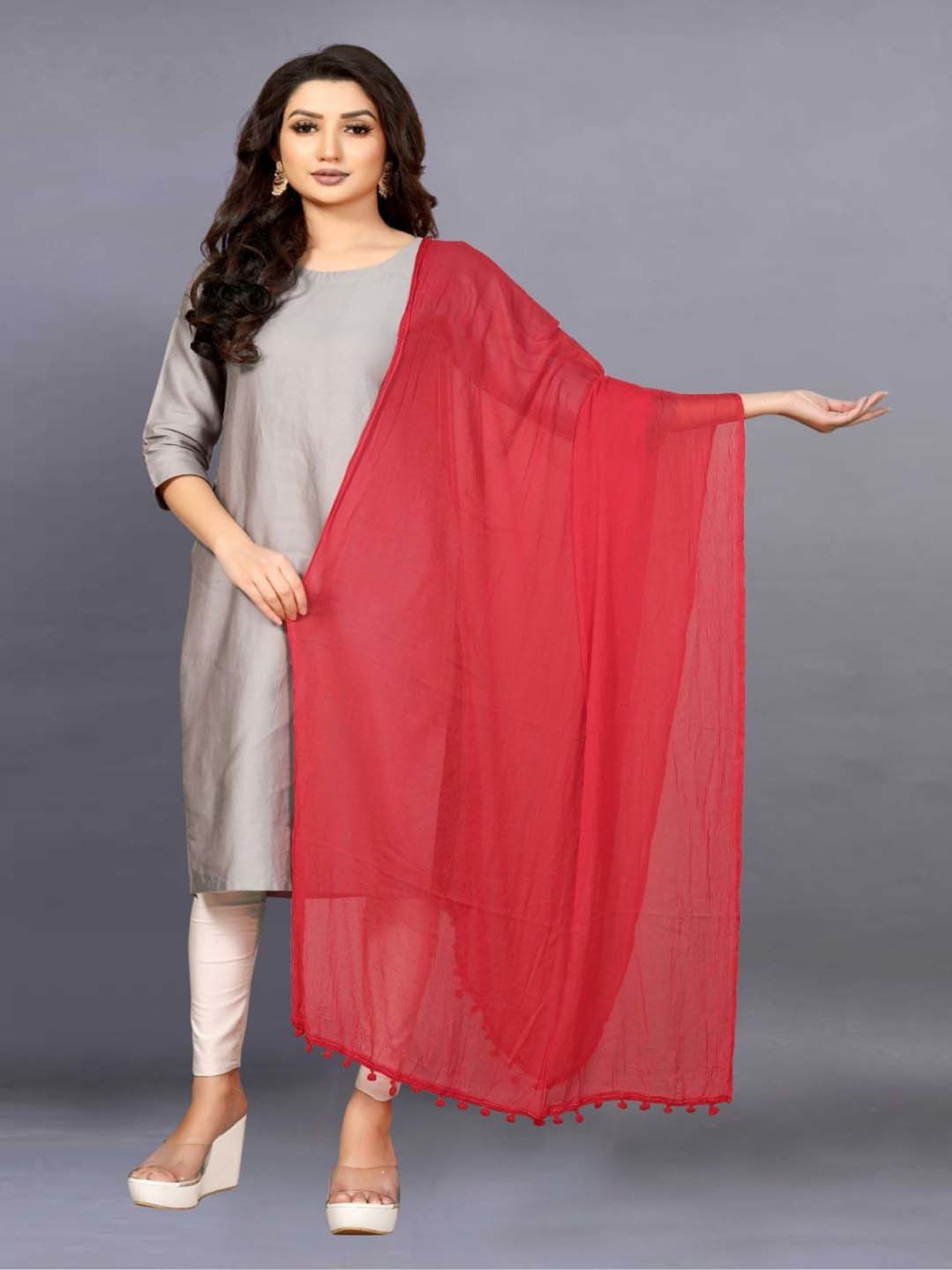 APNISHA Red Plain Dupatta