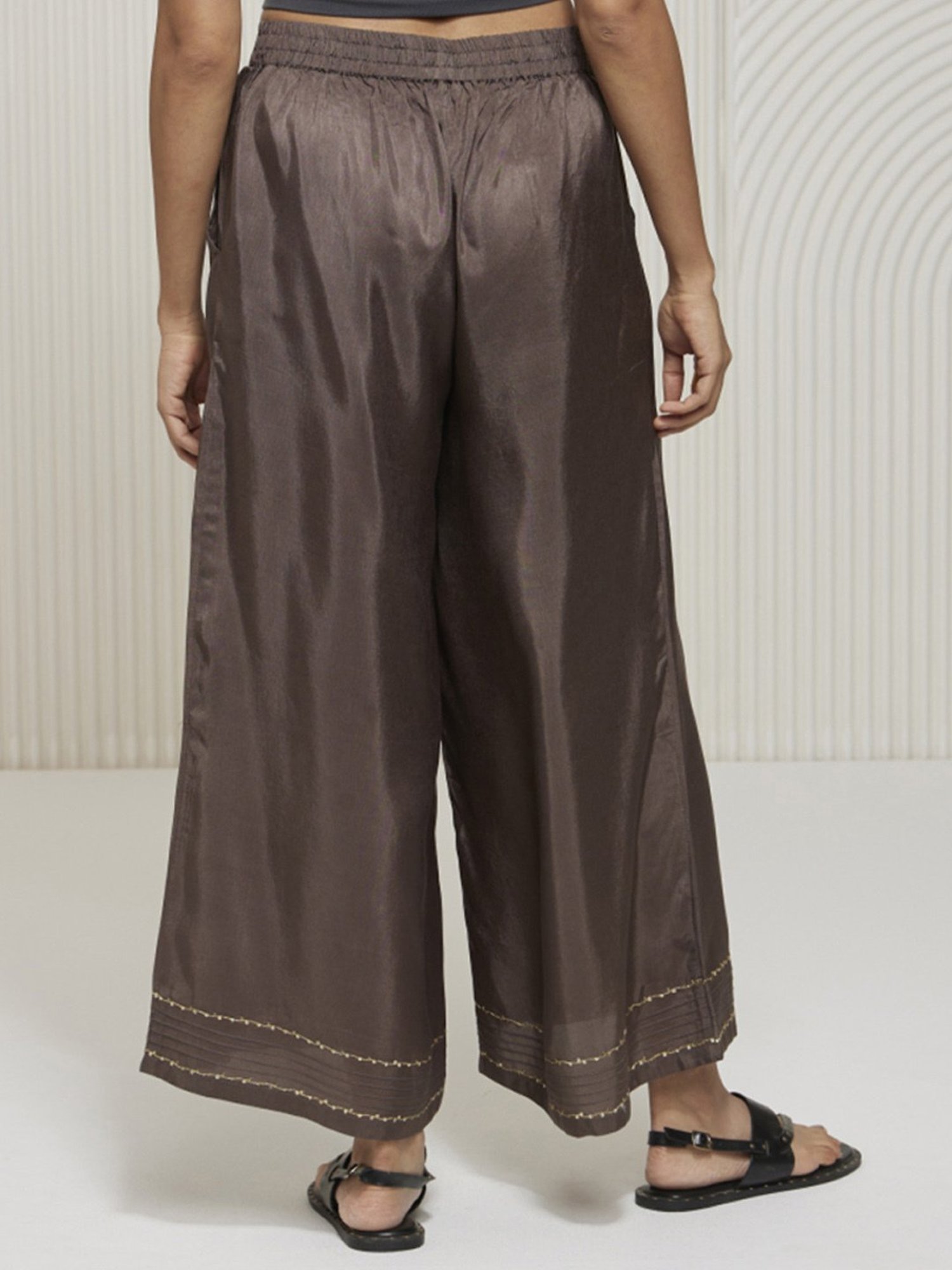 Artagai Granite Grey Elevated Basics Palazzo with Pin Tucks and Embroidery At Hemline