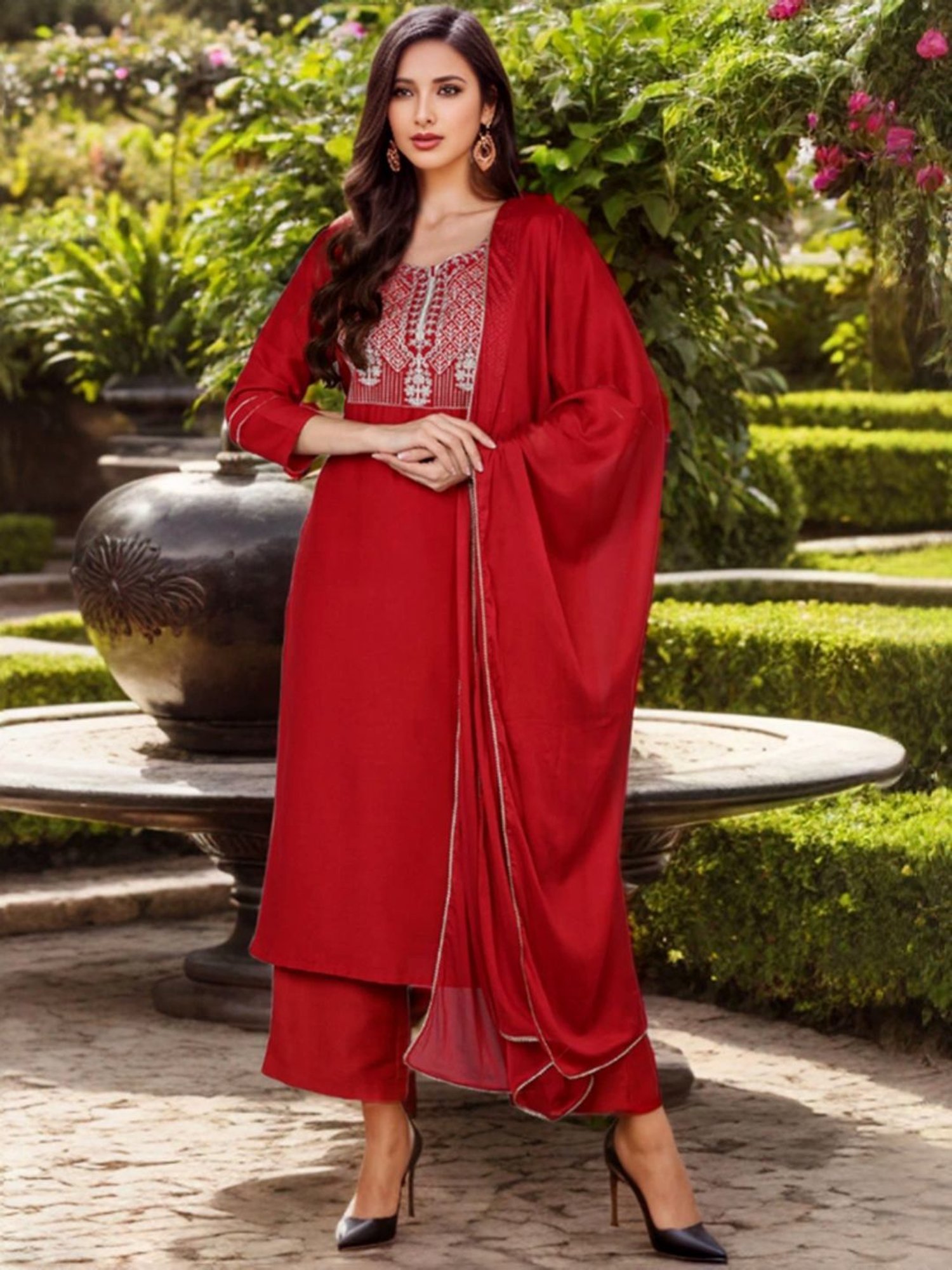 Vaamsi Red Embroidered Kurta Palazzo Set With Dupatta