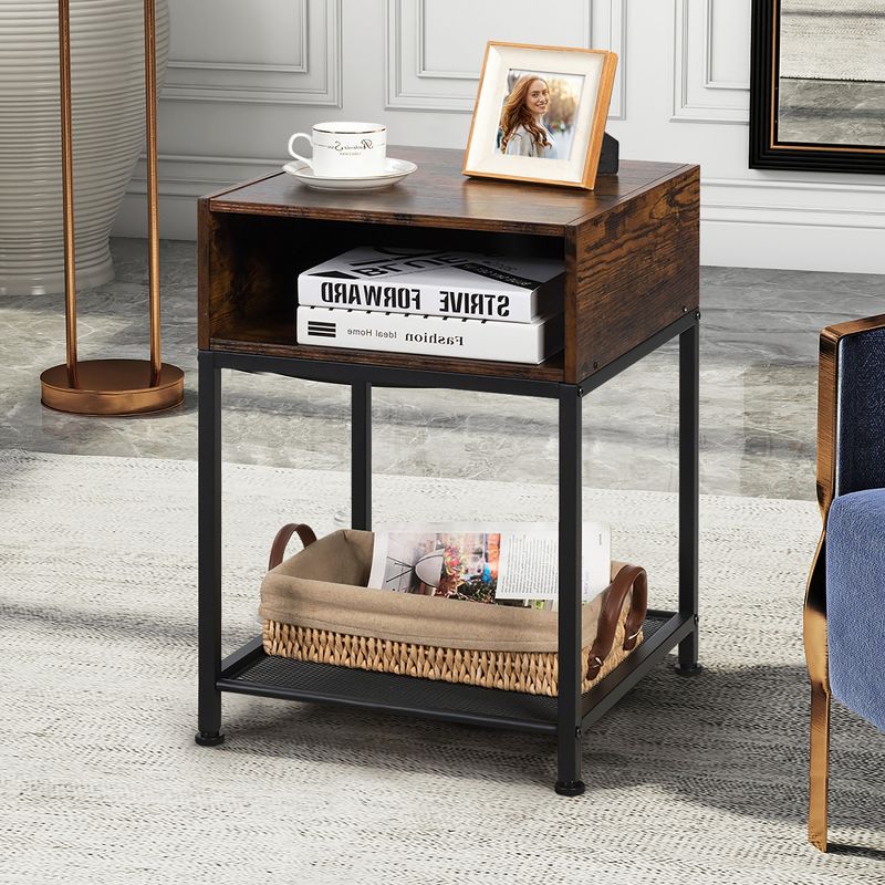 Costway Set of 2 Industrial Nightstand End Side Table W/ Compartment & Mesh Shelf
