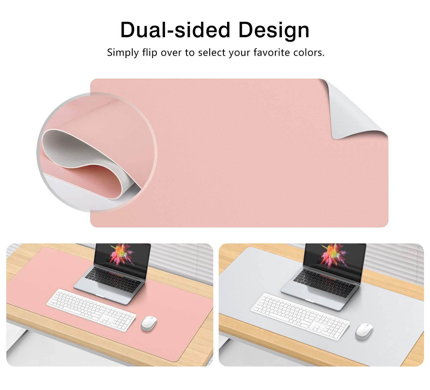 MoKo Computer Desk Mat - PU Large Extended Gaming Mouse Pad, Non-Slip Keyboard Mouse Mat, Waterproof Office Writing Desk Pad Protector, 31.5 x 15.7 x 0.08 Inch - Double Side Light Pink/Silvery Gray