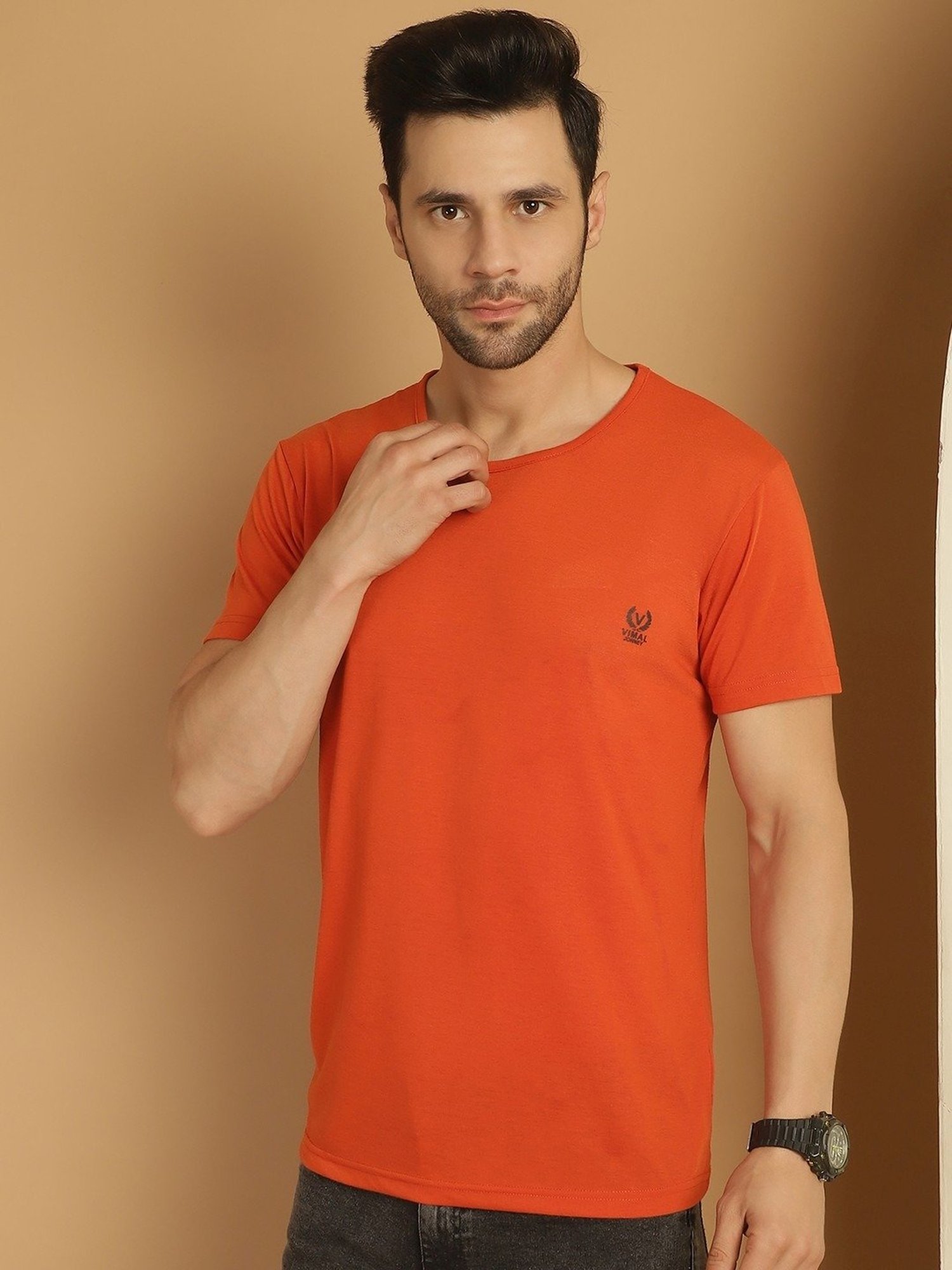 Vimal Jonney Grey & Orange Regular Fit T-Shirt