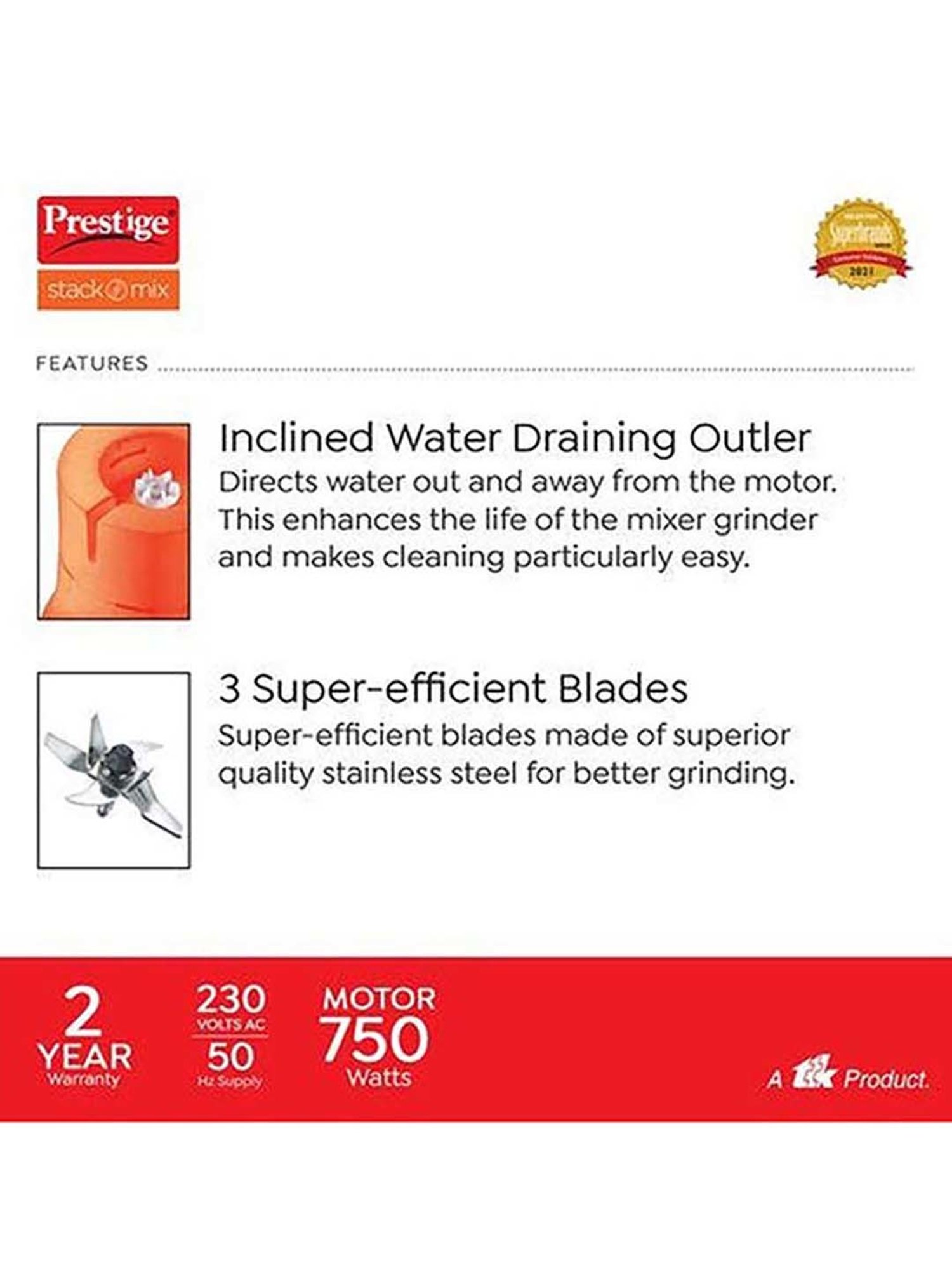 Prestige Stack-O-Mix 750W 3 Jars Mixer Grinder (Orange/Black)