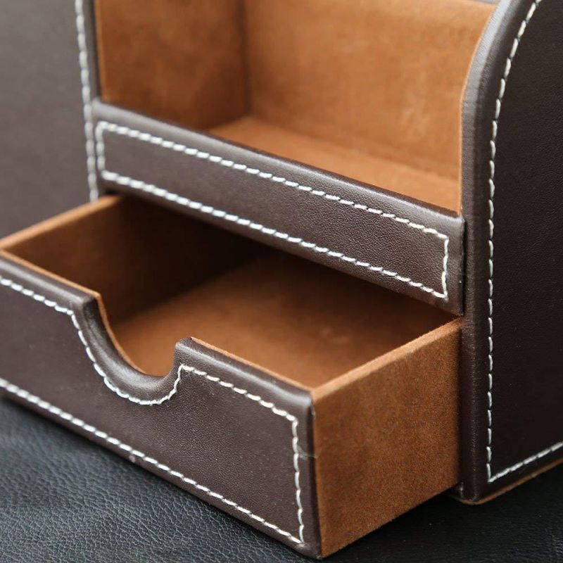 KINGFOM Wooden Struction Leather Multi-function Desk Stationery Organizer Storage Box Pen/Pencil,Cell phone, Business Name Cards Remote Control Holder with Small Drawer Brown