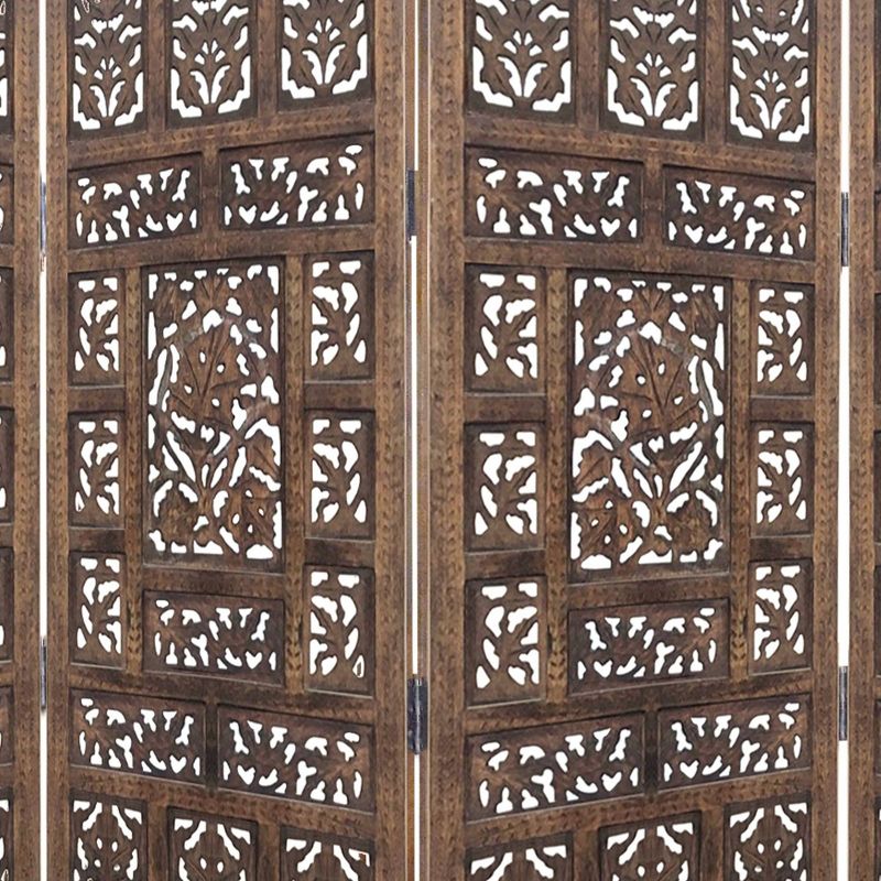 4 Panel Mango Wood Screen with Intricate Carvings Brown - Benzara