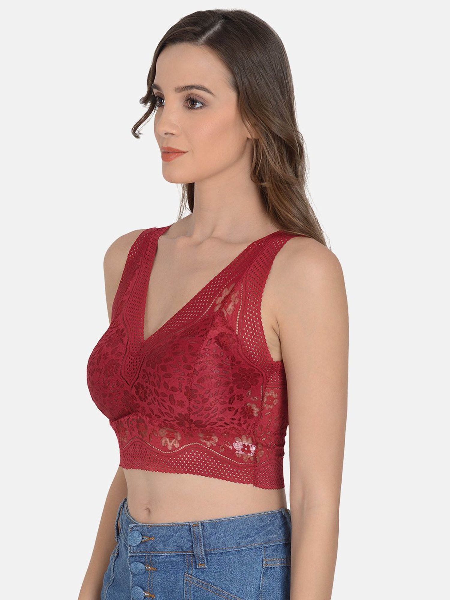 mod & shy Maroon Lace Work Removable Padded Bralette Bra