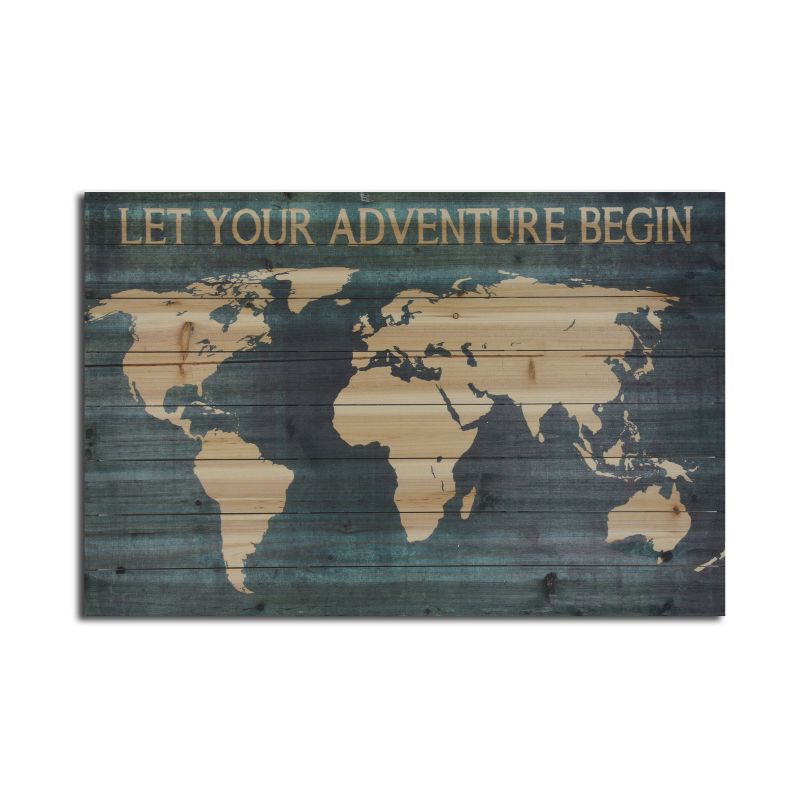 24" x 36" Adventure Begin Map Print on Planked Wood Wall Sign Panel Teal Blue - Gallery 57