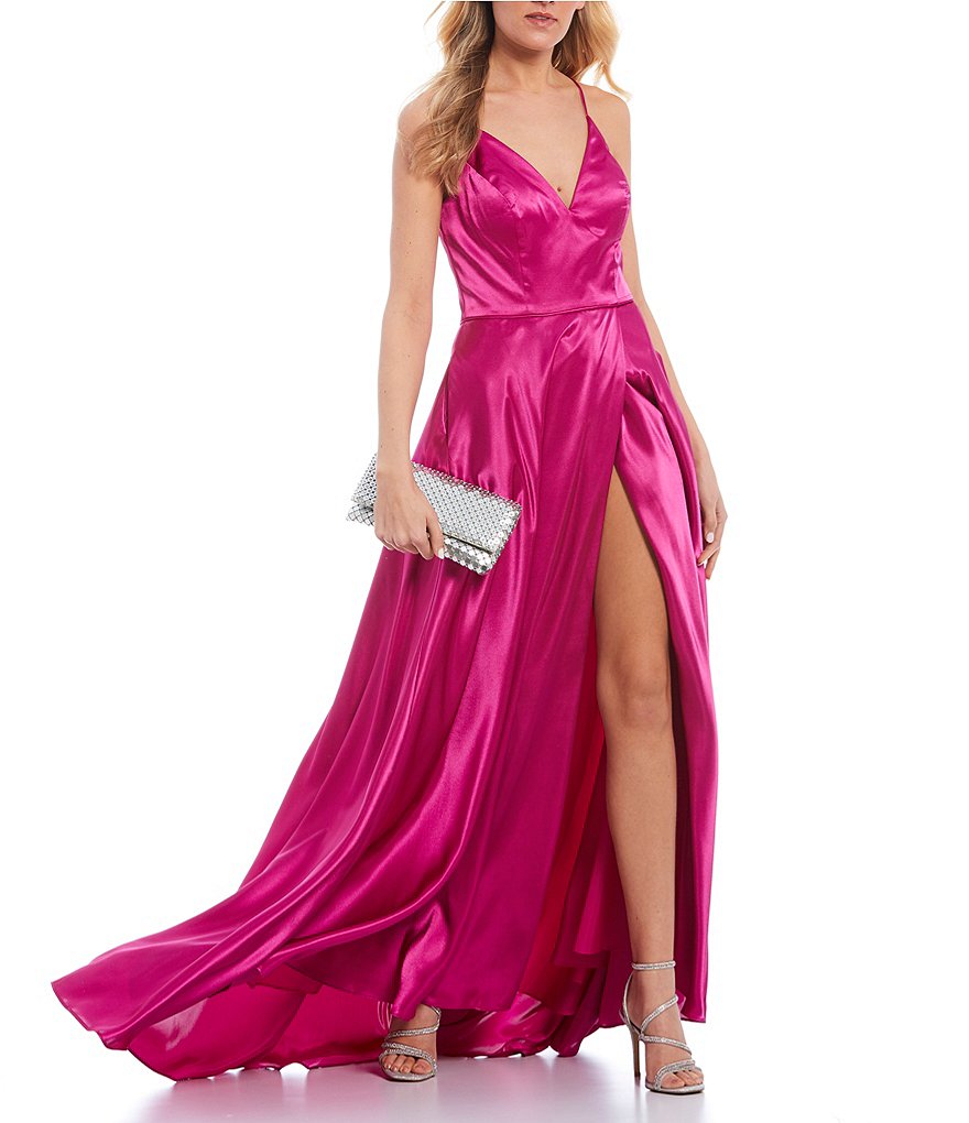 Sequin Hearts Y-Neck Pleated Satin Long Dress