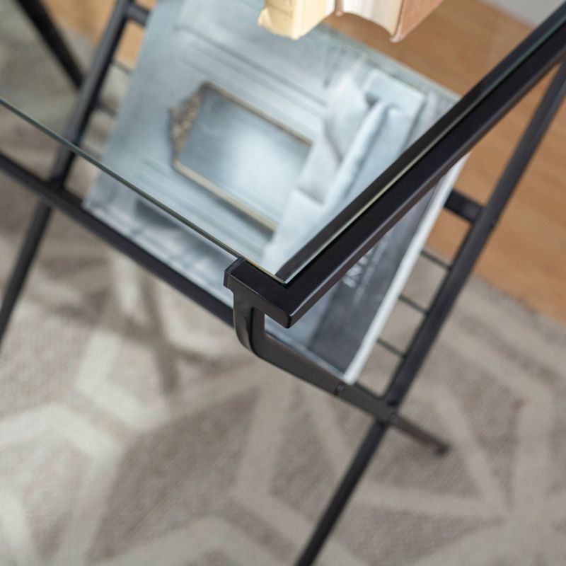 Modern Metal & Glass Side Table with Magazine Holder Black - Saracina Home