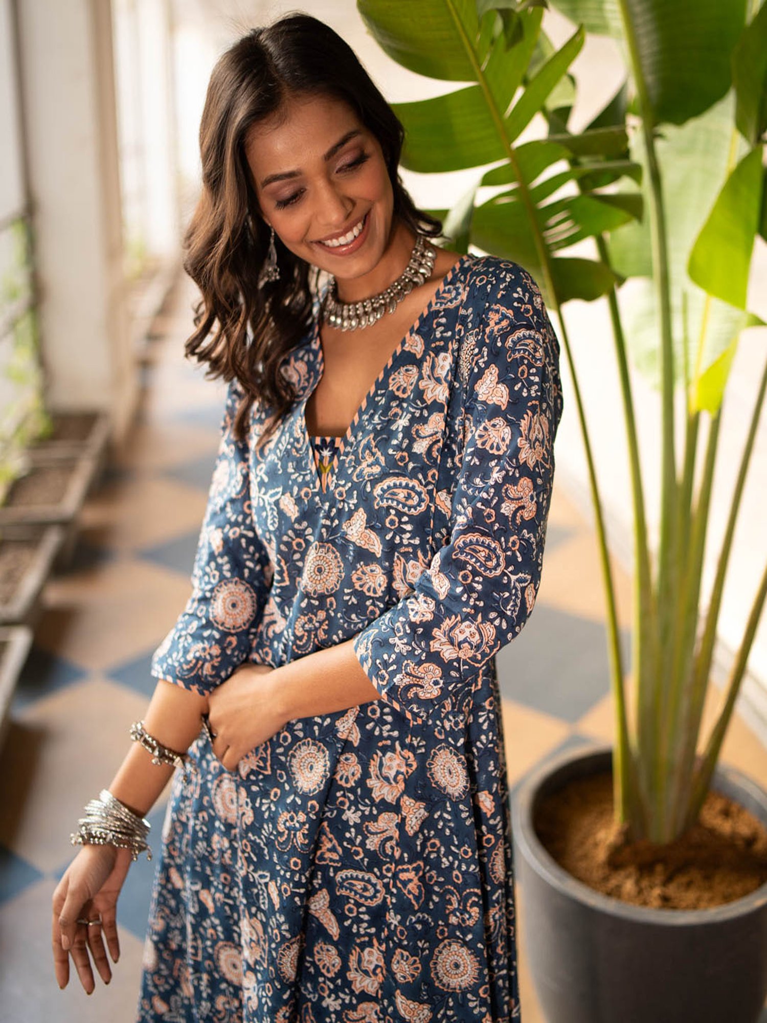 Akiso Blue Block Printed Anarkali Kurta Set With Hand Embroidery Details (Set Of 2)