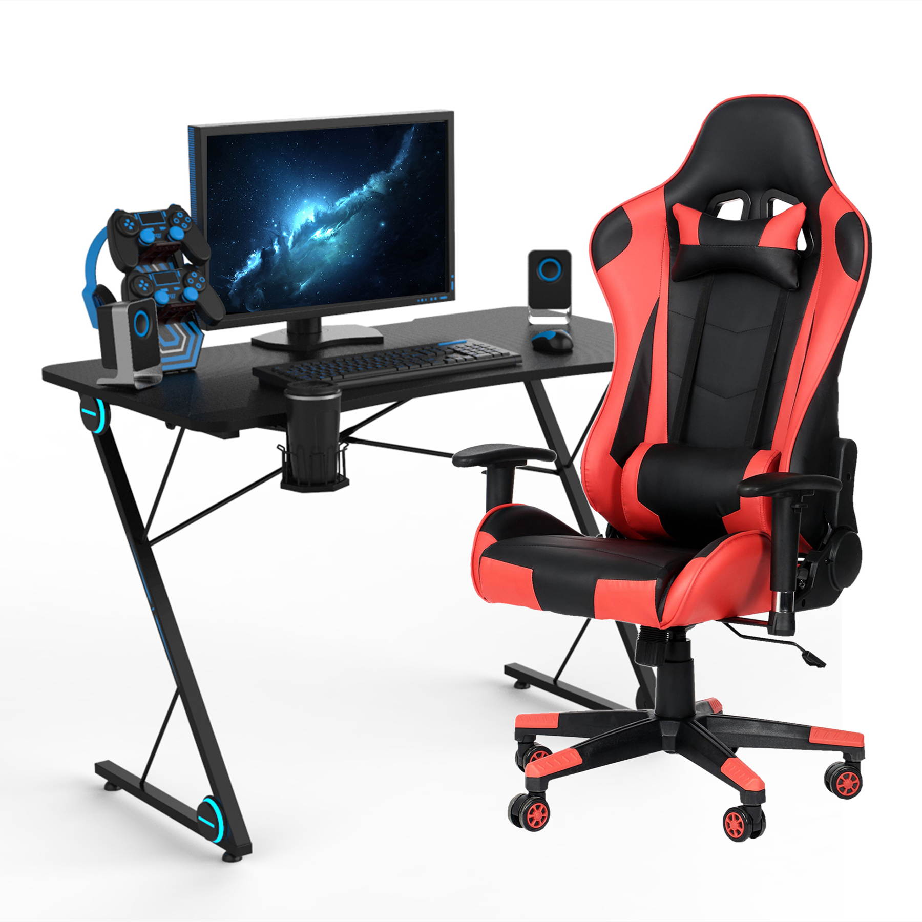 43.3 Inch Gaming Desk with Red PU Leather Adjusted Reclining Gaming Chair Ergonomic Home Office Desk and Chair Set Z-Shaped E-Sport Gamer Workstation with LED Lights Carbon Fiber Surface and Cup Hold