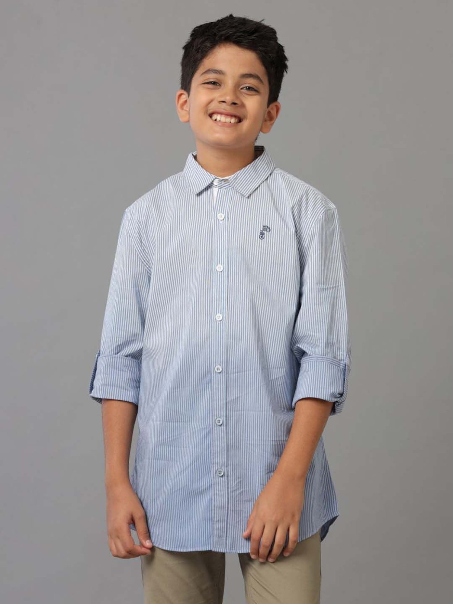 Under Fourteen Only Boys Blue Cotton Striped Full Sleeves Shirt
