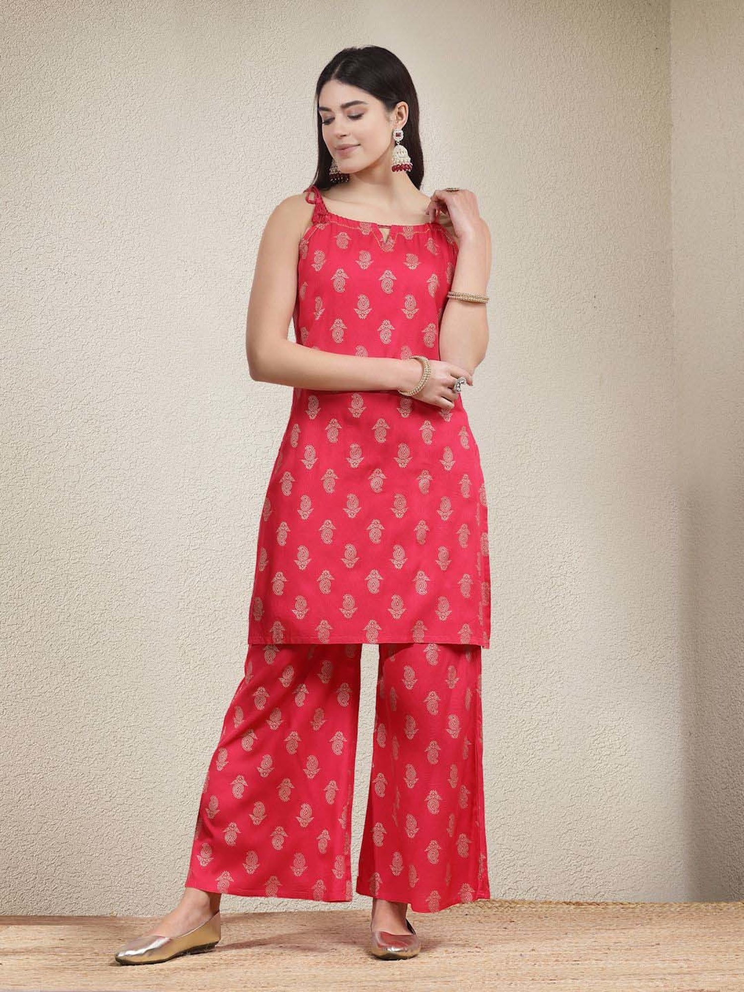 Stylum Pink Printed Kurti Palazzo Set With Dupatta