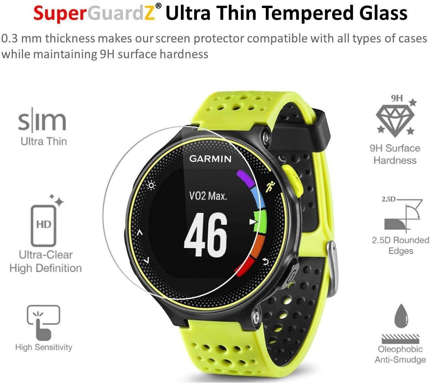 [3-Pack] for Garmin Forerunner 235/220 / 225/230 / 620/630 Screen Protector Tempered Glass, SuperGuardZ, 9H, 0.3mm, Anti-Scratch, Anti-Bubble, Anti-Fingerprint [Lifetime Replacement]