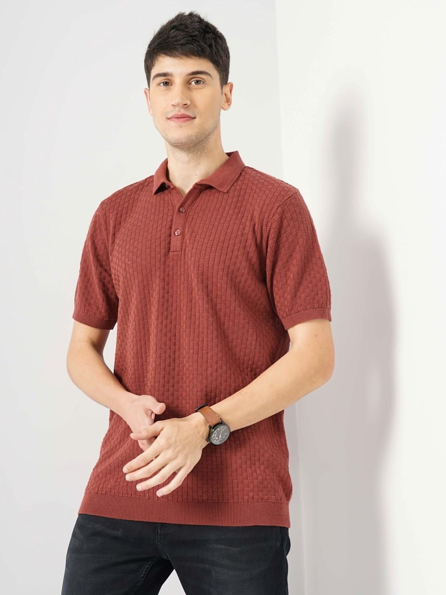 Celio Dk Brown Cotton Regular Fit Striped Polo T-Shirt
