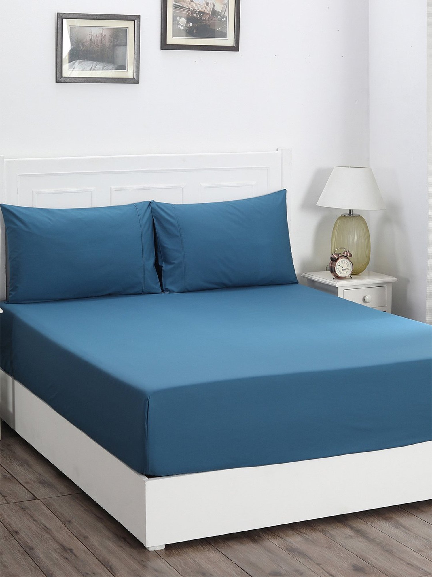 Maspar Colorart Slumber Blue 200 TC Cotton Queen Size Bed Sheet with 2 Pillow Cover