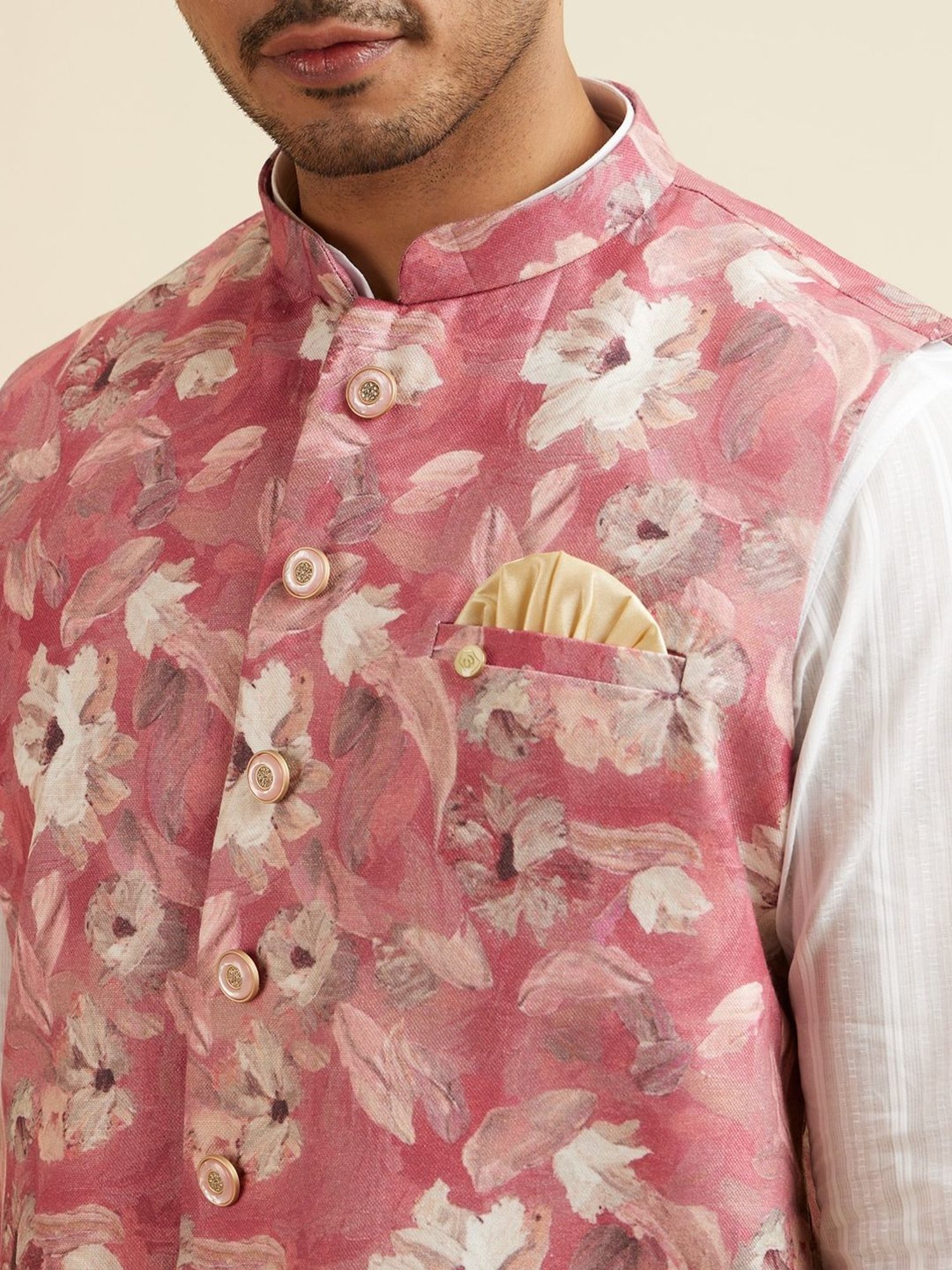 Manyavar Pink Regular Fit Printed Nehru Jacket
